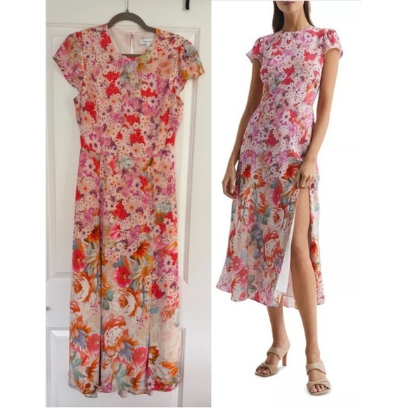 Reiss Dresses & Skirts - Reiss NWT Floral Ombre Midi Dress US 8 Pink Multicolor Slit Wedding Guest $290